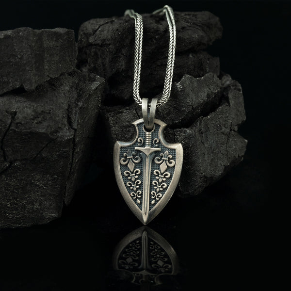 Silver Men Embossed Sword with Shield Pendant Men Necklace » Anitolia